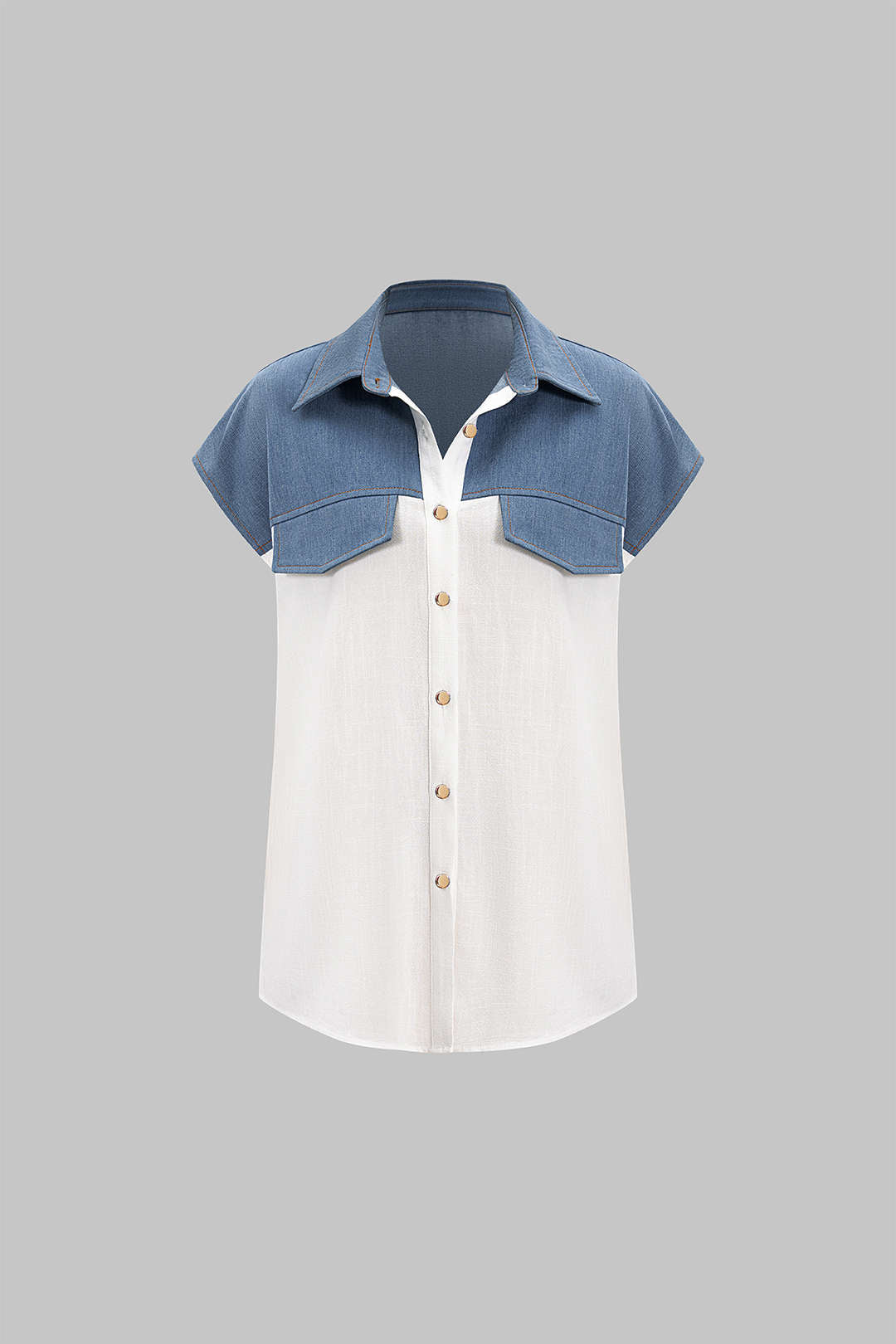 Patchwork Linen Tie Front Fake Pocket Shirt