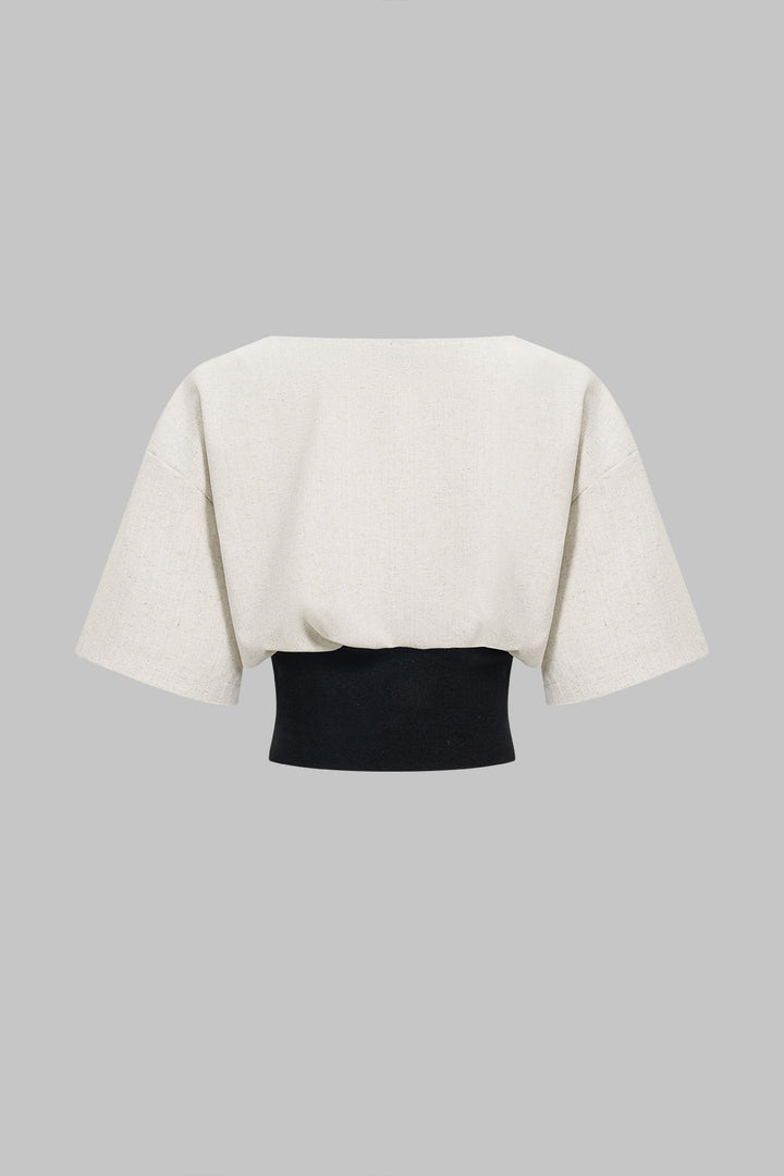 Linen Patchwork Ruched Short-Sleeve Shirt
