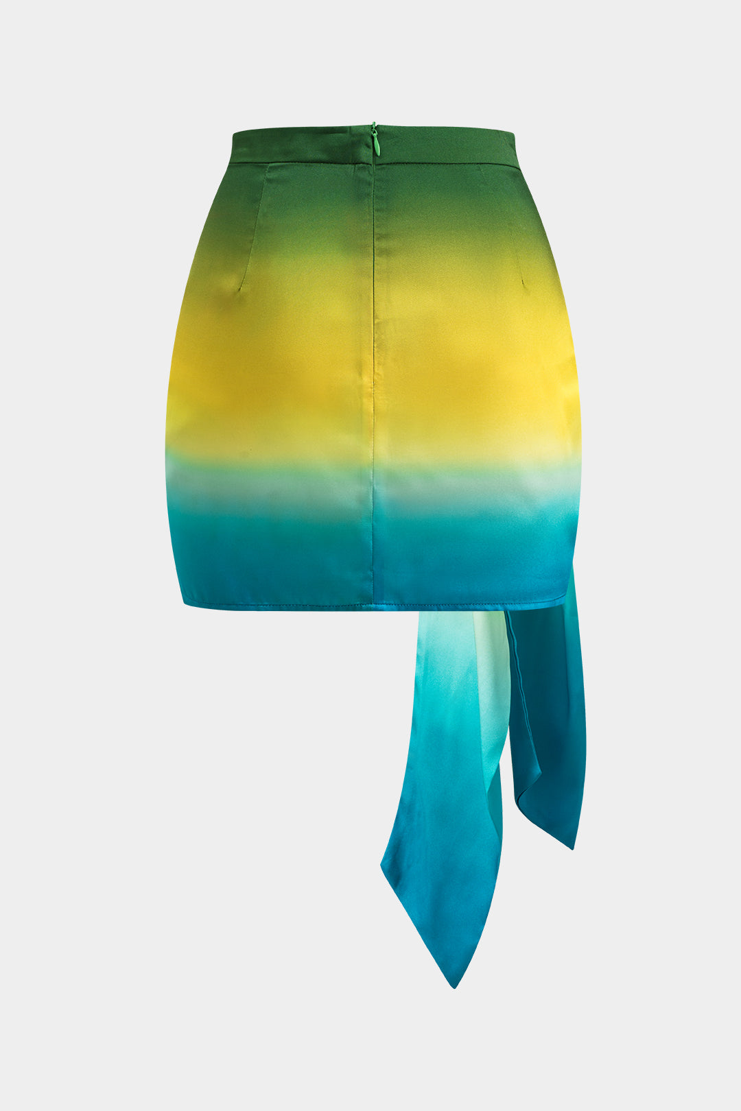 Ombre Print Satin Ruched Tie Front Zipper Skirt