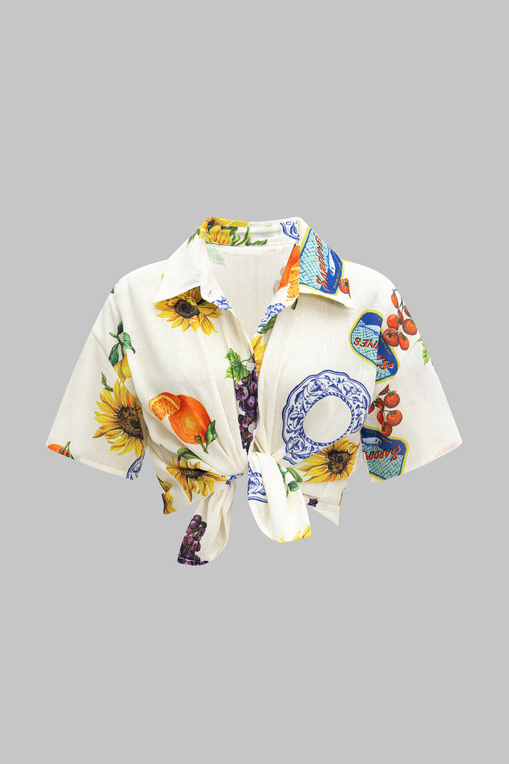 Fruit Floral Print Button Short-Sleeve Shirt
