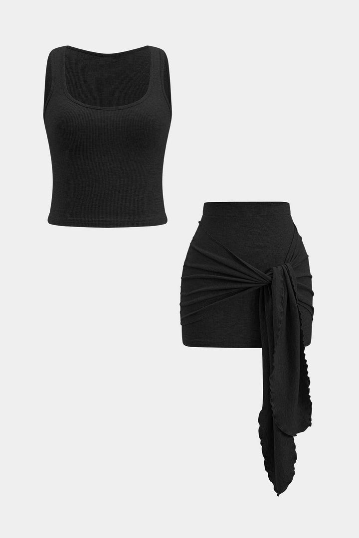 Solid Sleeveless Tank Top And Ruched Tie Front Skirt Set