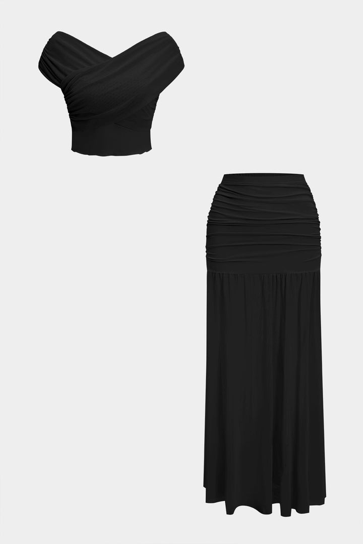 Ruched Patchwork Top And Skirt Set