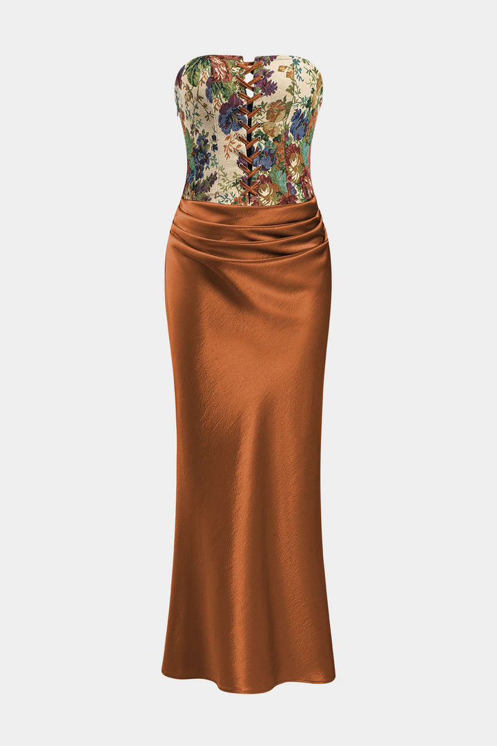 Satin Embroidery Ruched Drawstring Strapless Maxi Dress