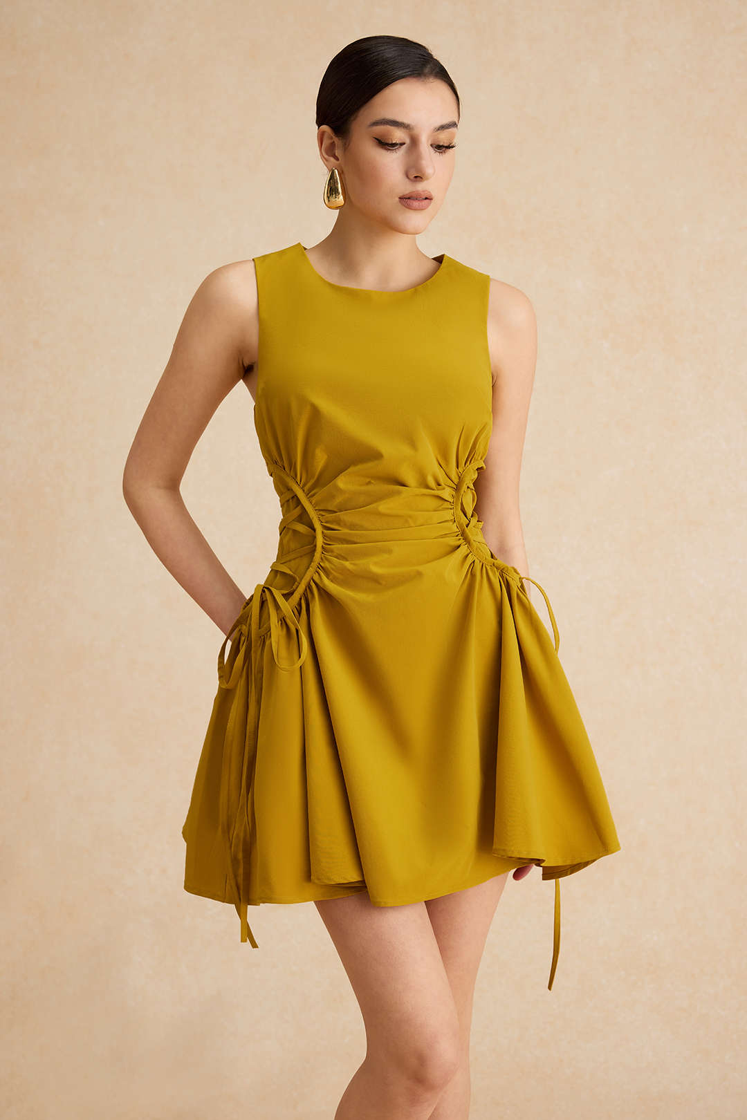 Ruched Strappy Zipper Sleeveless Mini Dress