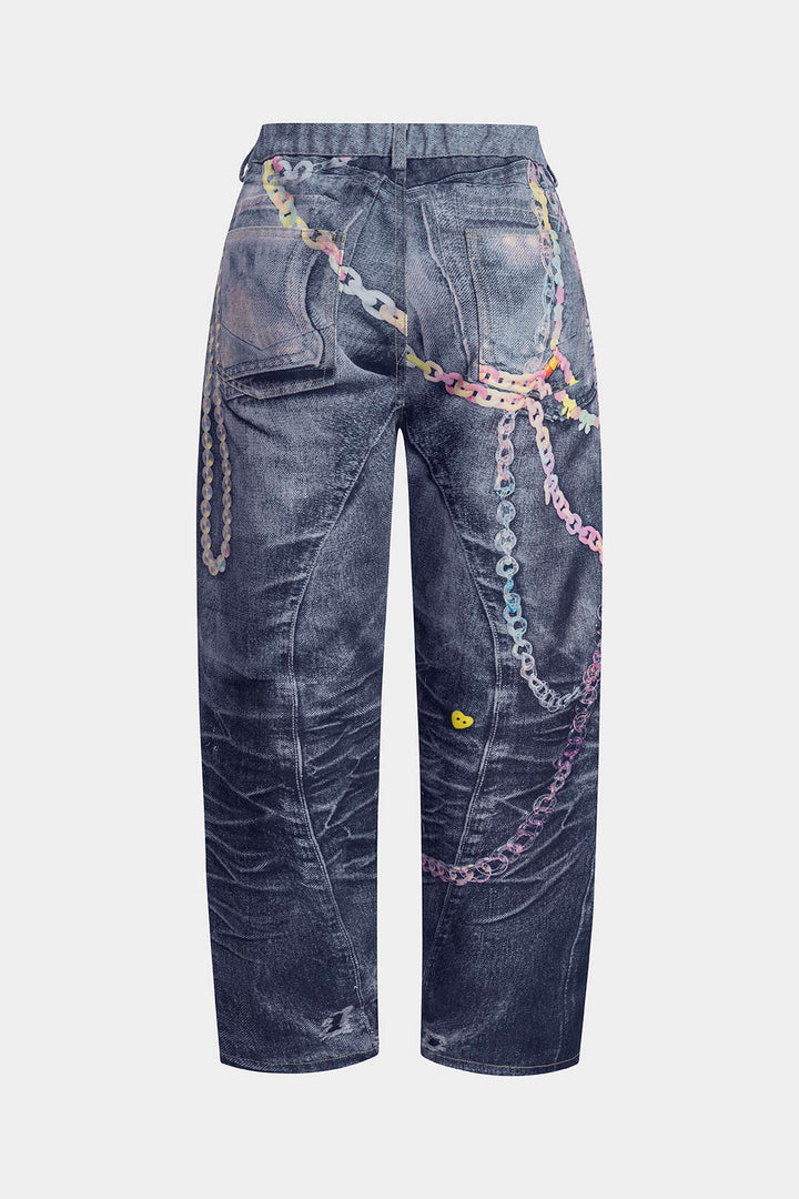 Abstract Print Button Wide Leg Trousers