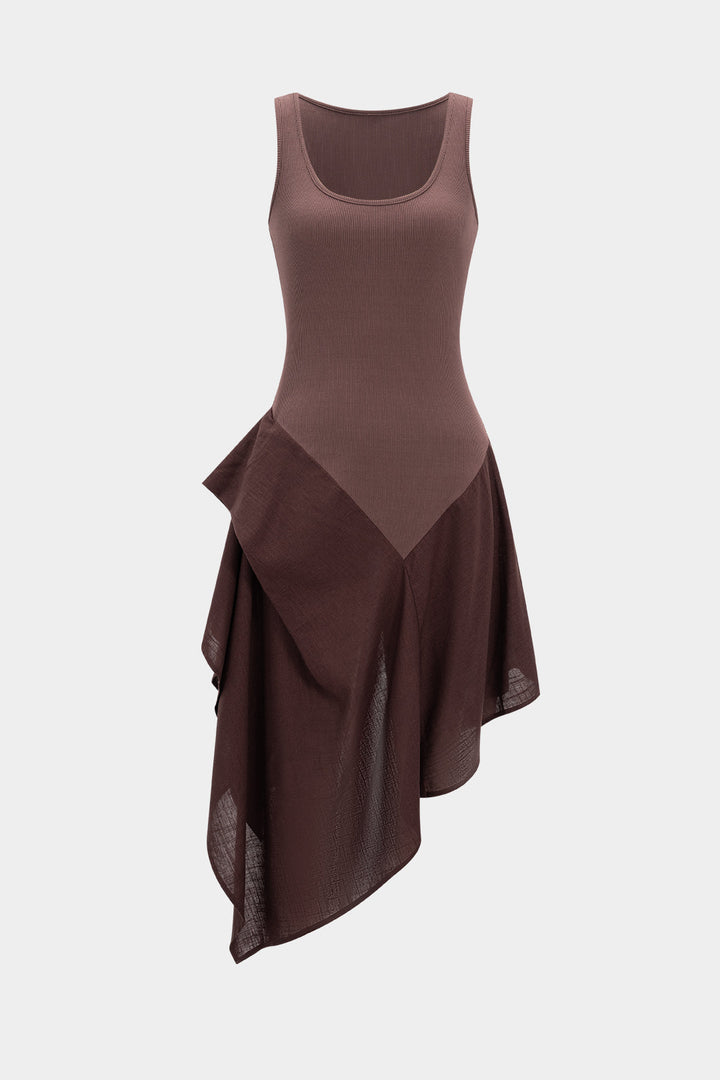 Linen Patchwork Ruched Asymmetrical Sleeveless Maxi Dress