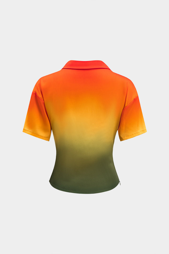 Ombre Print Satin Cowl Neck Short-Sleeve Shirt