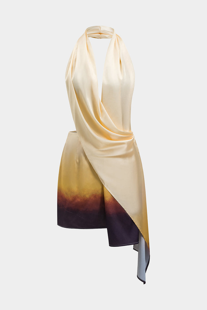 Ombre Print Satin Ruched Asymmetrical Backless Halter Two-Piece Mini Dress