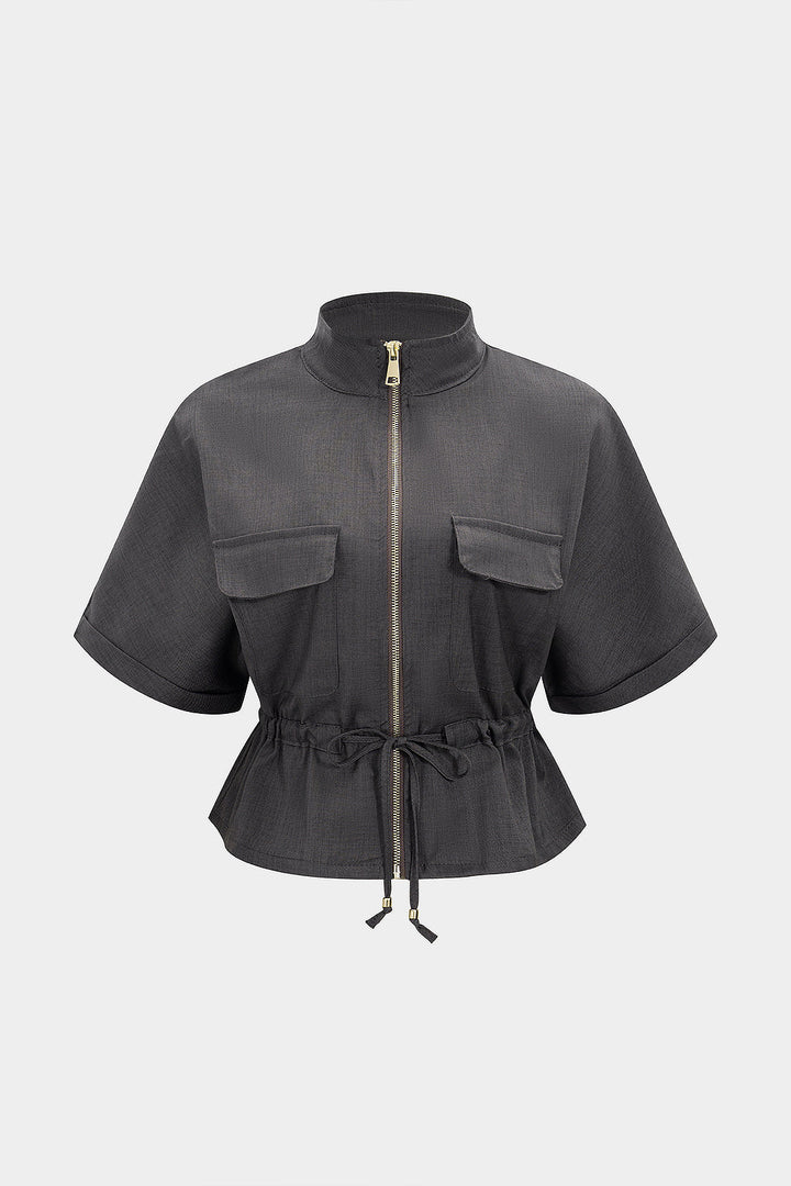 Linen Ruched Tie-Up Pocket Zipper Short-Sleeve Shirt