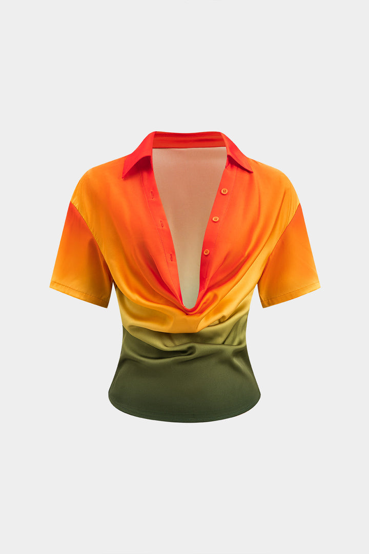 Ombre Print Satin Cowl Neck Short-Sleeve Shirt