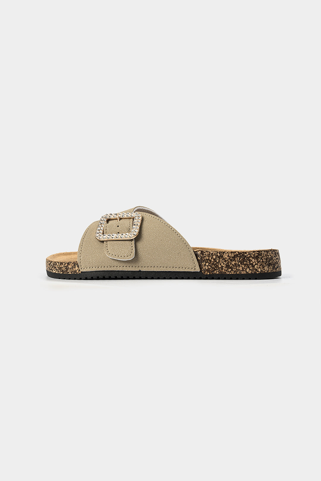Faux Leather Metallic Buckle Open Toe Slippers