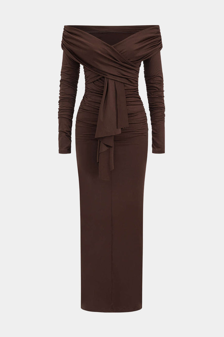Ruched Off Shoulder Drape Detail Maxi Dress
