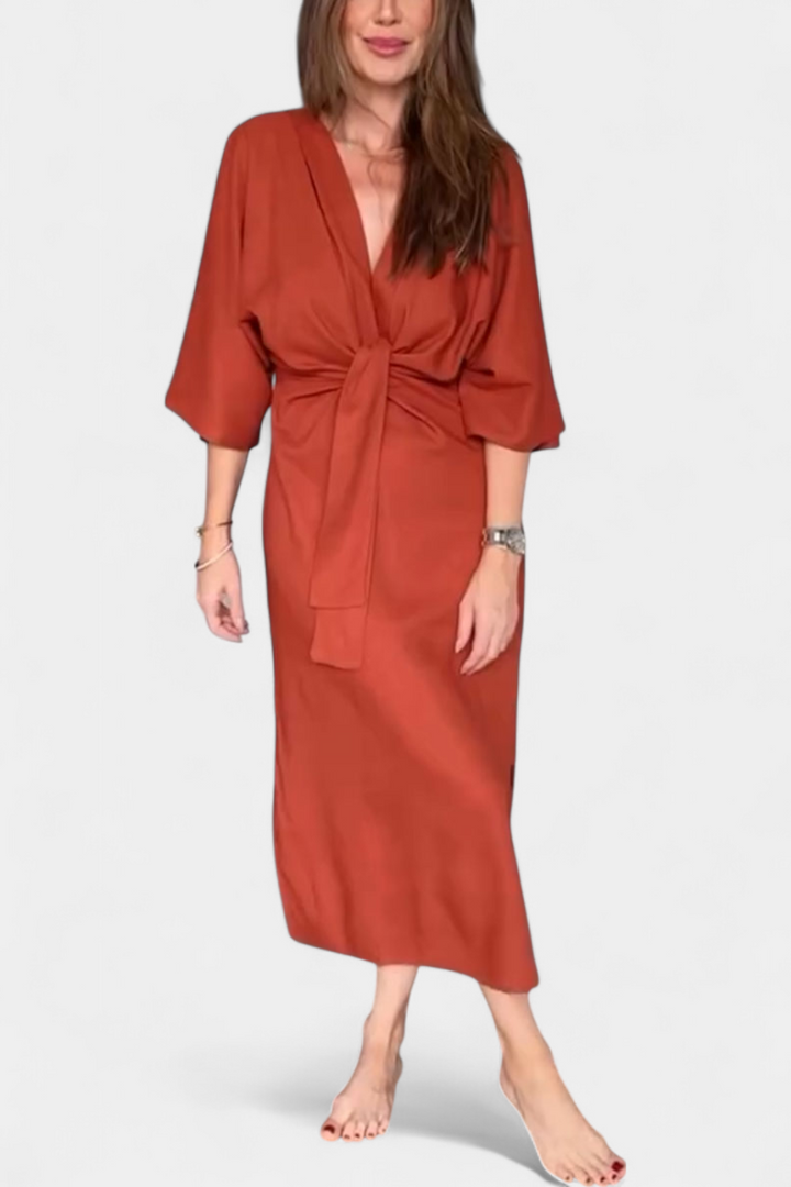 Ainhoa Casual Dress with V-Neck and Front Knot