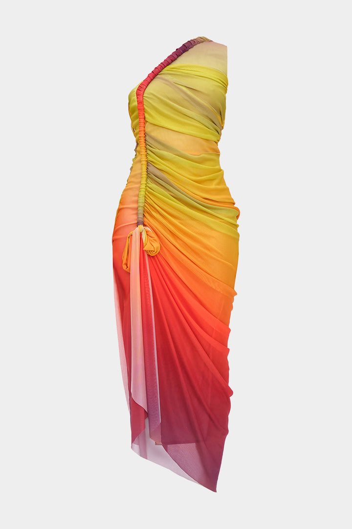 Ombre Print Twist Mesh One Shoulder Sleeveless Midi Dress