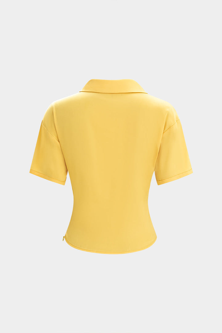 Ombre Print Satin Cowl Neck Short-Sleeve Shirt