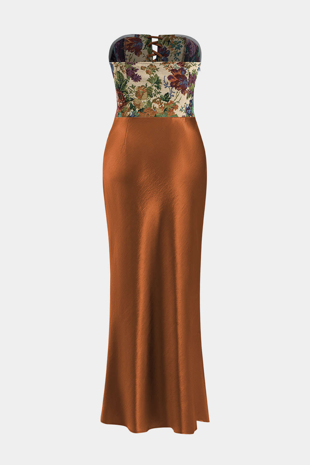 Satin Embroidery Ruched Drawstring Strapless Maxi Dress