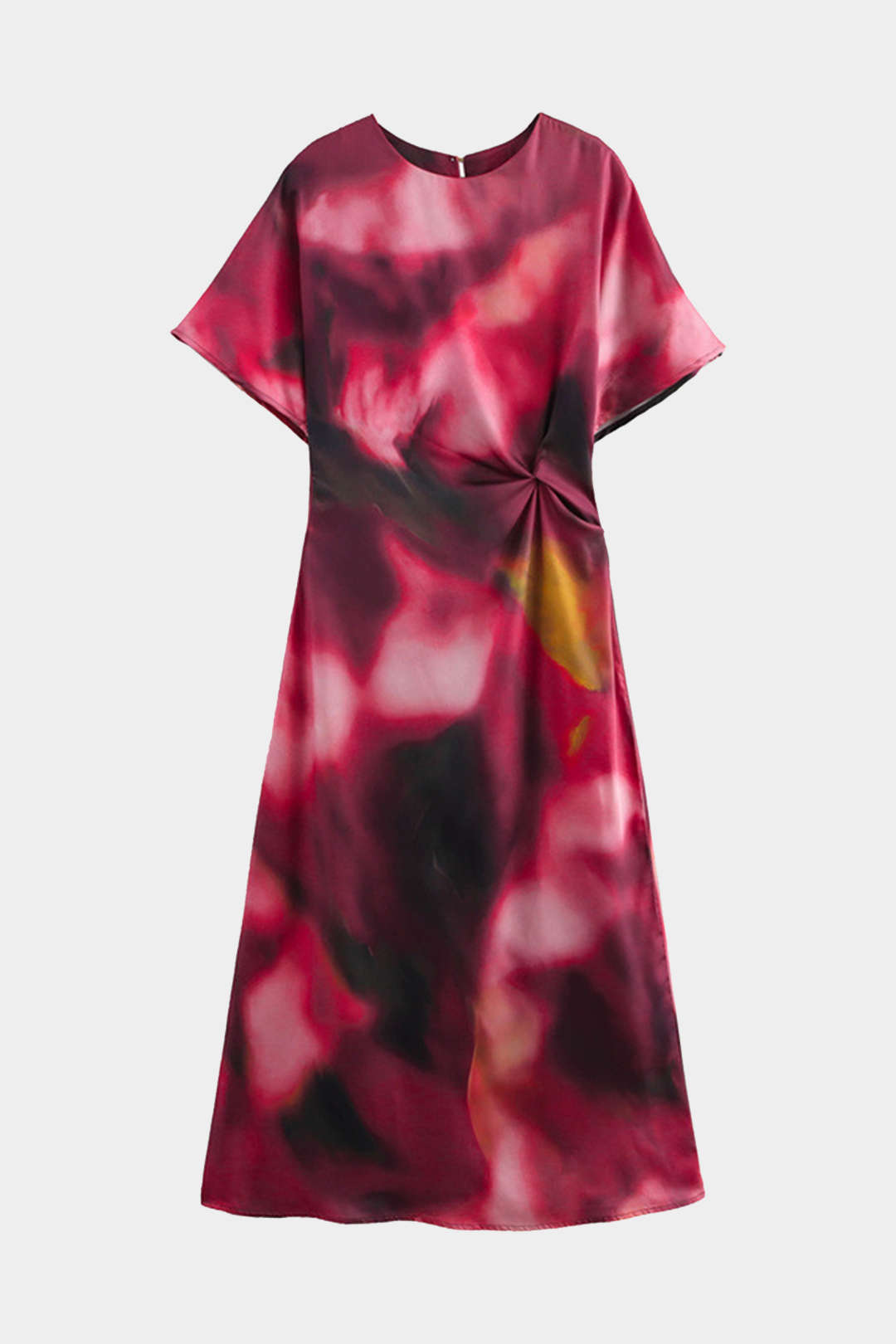 Tie Dye Ruched Cut Out Button Twist Knot Midi Dress
