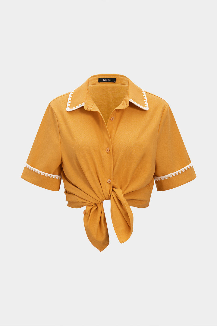 Linen Button Contrast Whipstitching Short-Sleeve Shirt