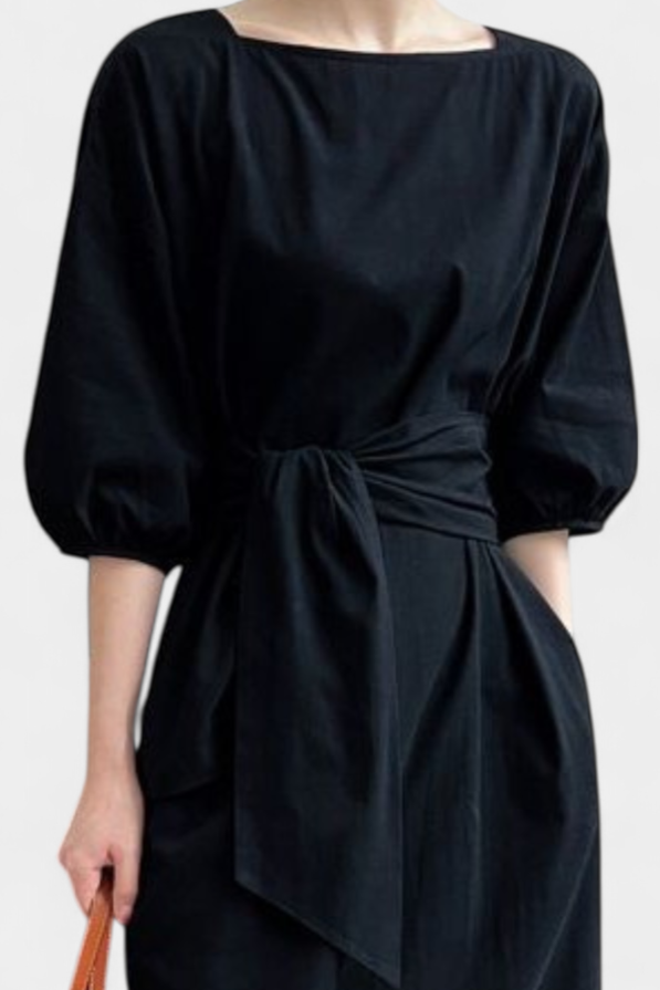 Krisbel Cotton Linen Dress with Waist Tie