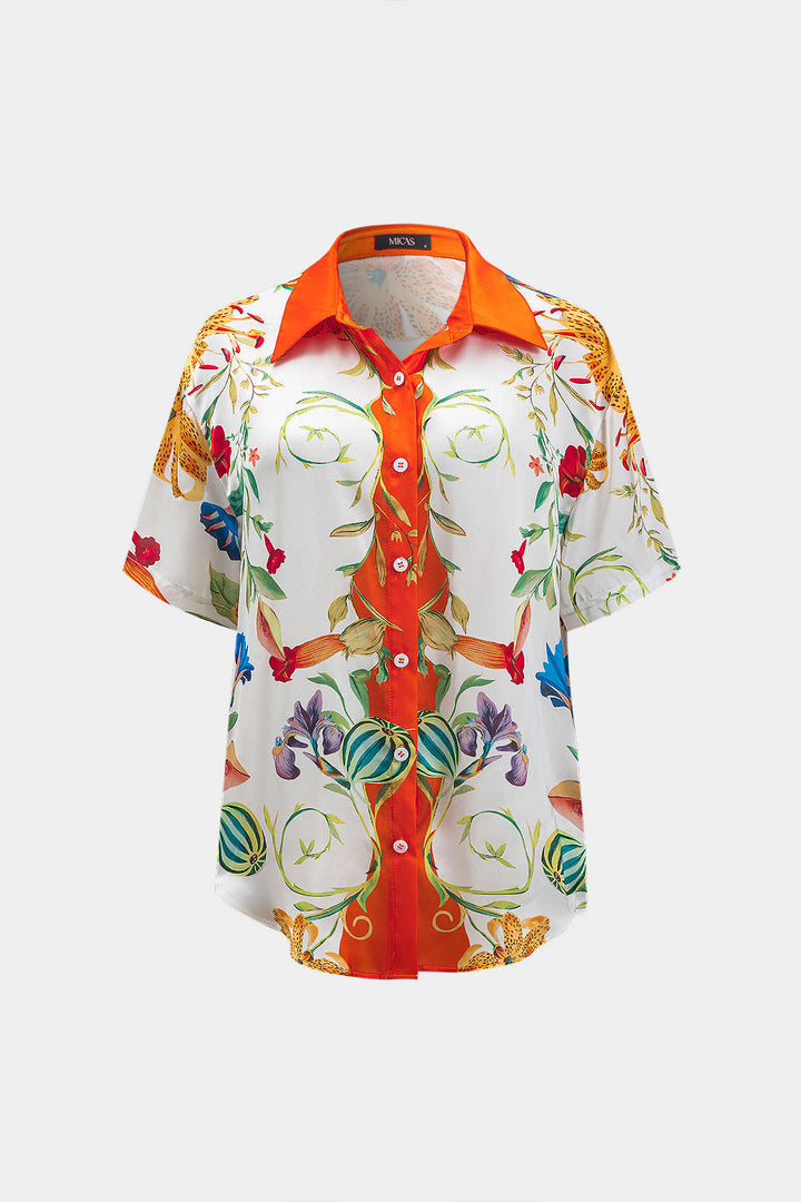 Floral Leaves Print Satin Button Short-Sleeve Shirt