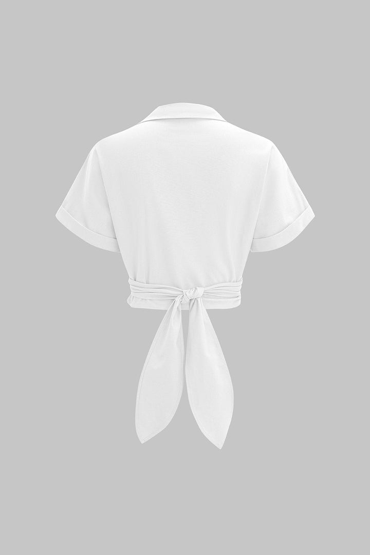 Linen Tie-Up V-Neck Ruched Short-Sleeve Shirt