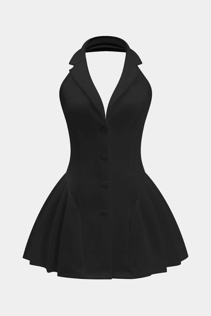 Halter Neck Button Ruffle Sleeveless Mini Dress