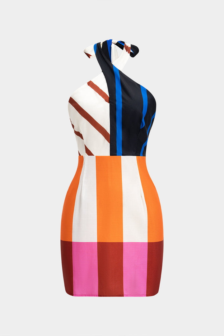 Linen Contrast Print Color Block Stripes Tie Back Sleeveless Mini Dress