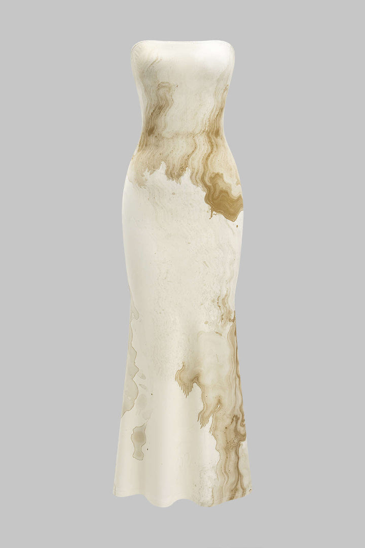 Marble Print Strapless Sleeveless Maxi Dress