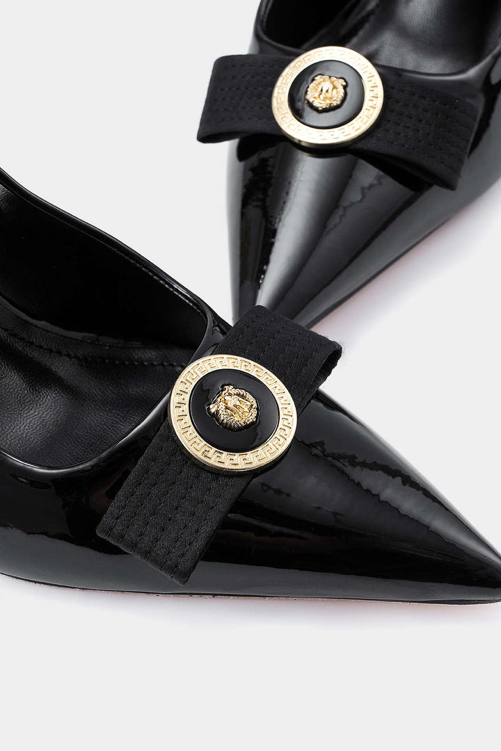 Faux Leather Metallic Decor Pointed Toe Heels