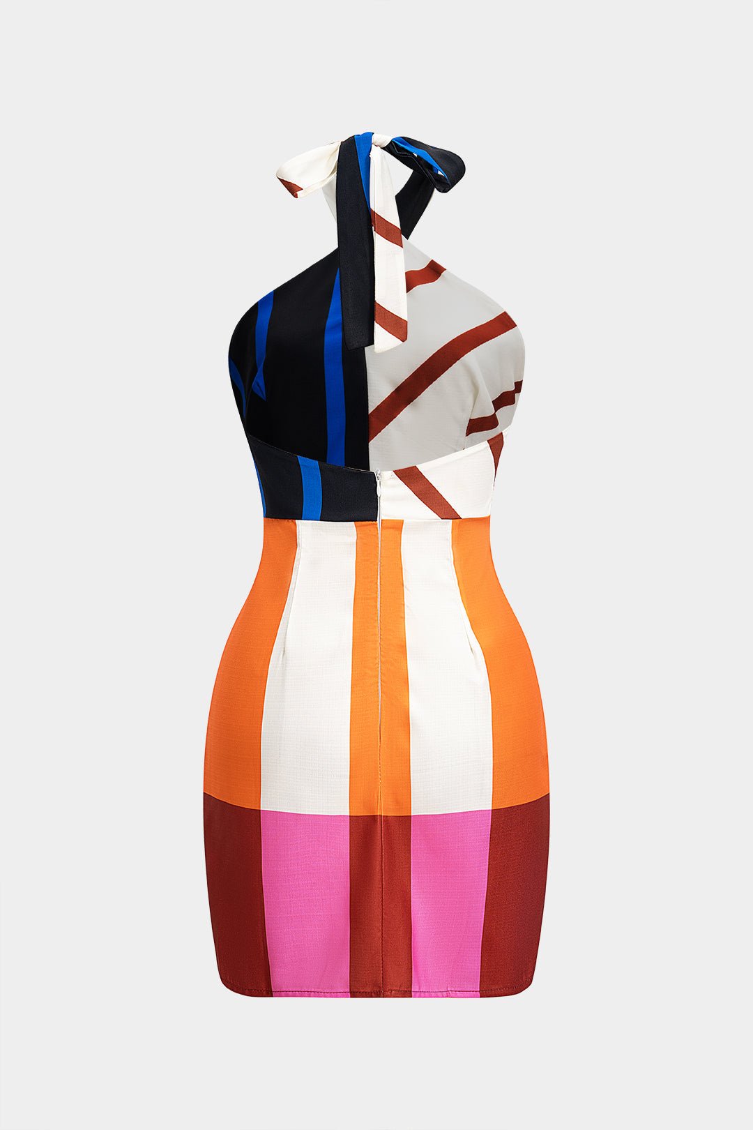 Linen Contrast Print Color Block Stripes Tie Back Sleeveless Mini Dress