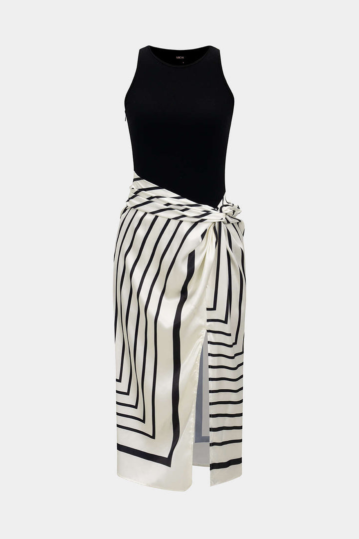 Stripes Print Patchwork Sleeveless Midi Dress
