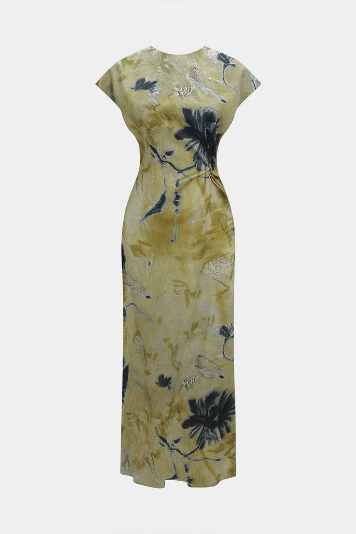 Tie Dye Ruched Cut Out Button Twist Knot Midi Dress
