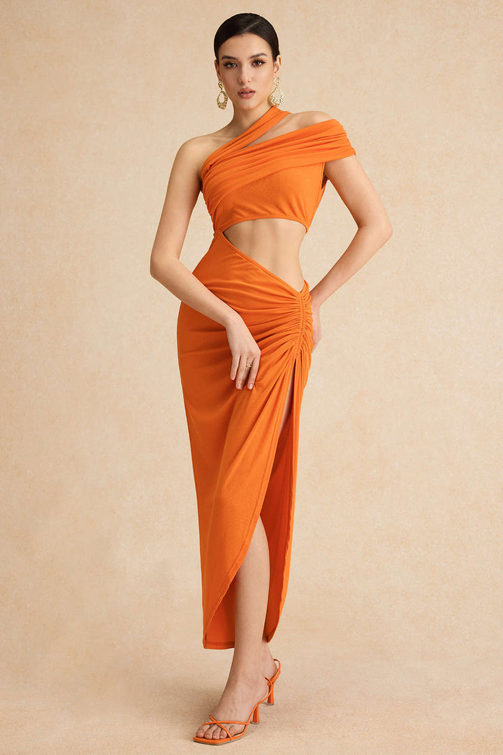 Ruched Asymmetrical Cut Out Slit Midi Dress