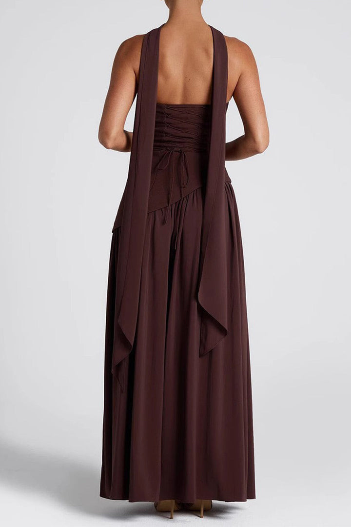 Contrast Satin Ruched Slit Strapless Maxi Dress
