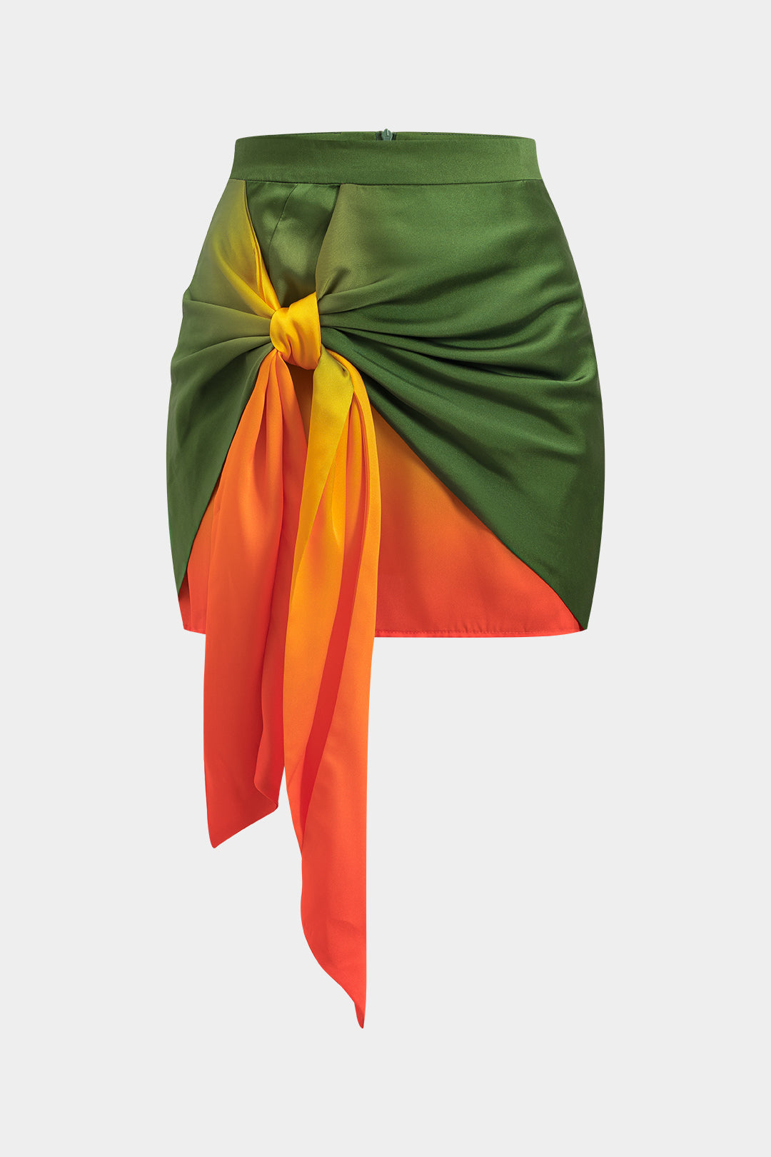 Ombre Print Satin Ruched Tie Front Zipper Skirt