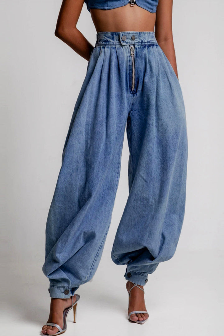 Denim High Waist Zipper Barrel Jeans