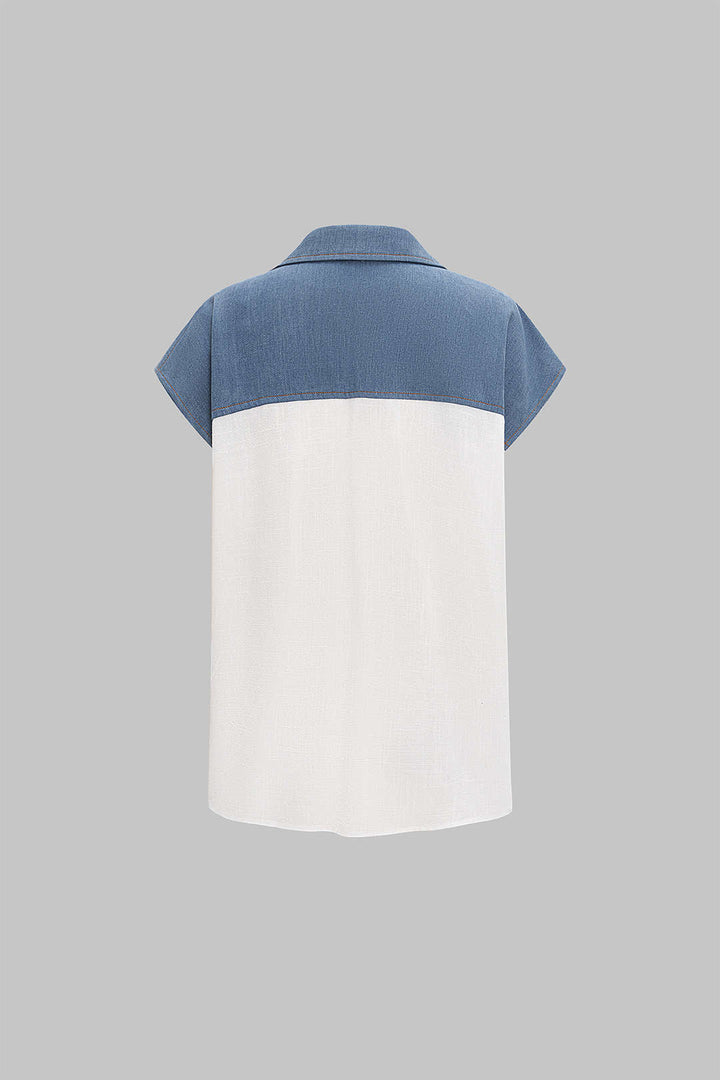 Patchwork Linen Tie Front Fake Pocket Shirt