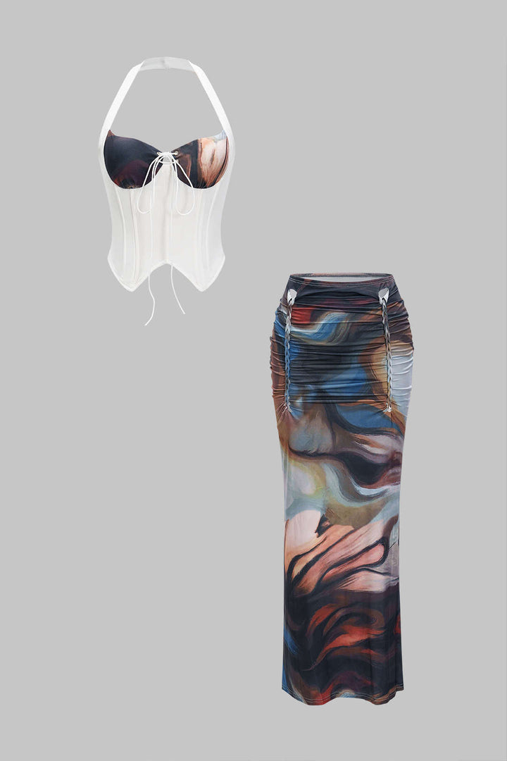 Halter Neck Bustier Drawstring Tank Top And Pleated Skirt Set