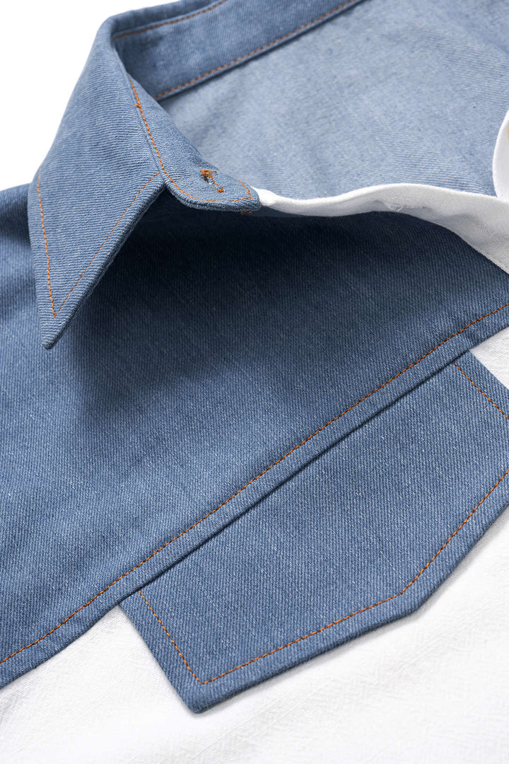 Patchwork Linen Tie Front Fake Pocket Shirt