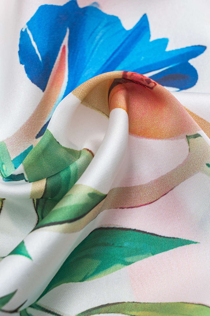 Floral Leaves Print Satin Button Short-Sleeve Shirt