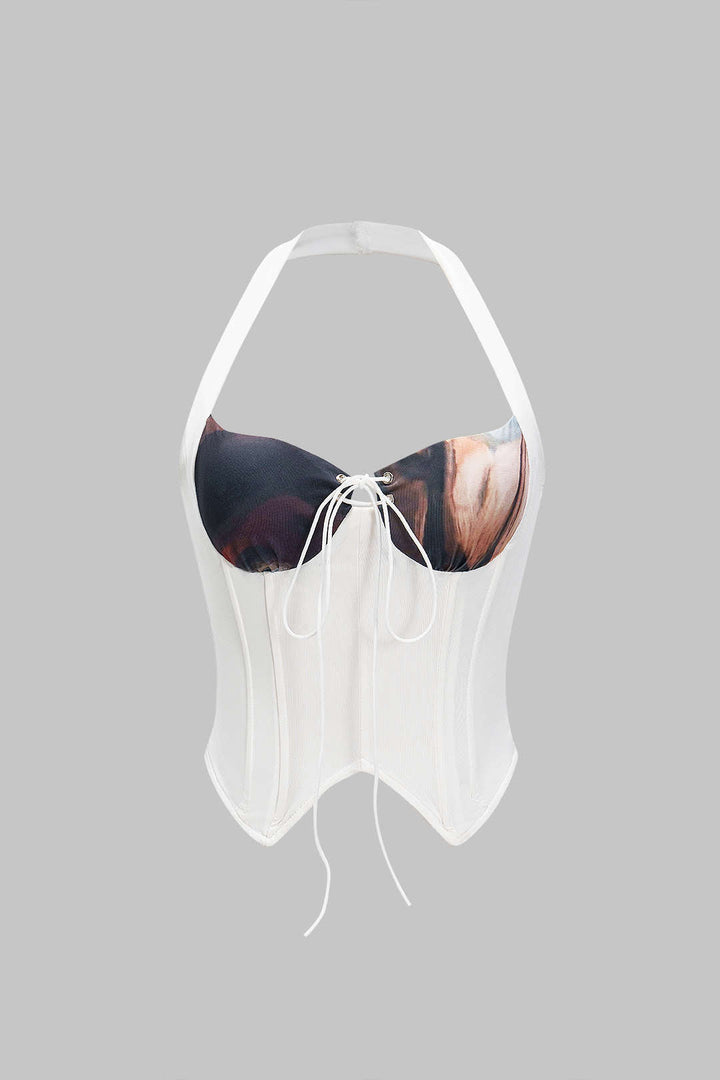 Halter Neck Bustier Drawstring Tank Top And Pleated Skirt Set