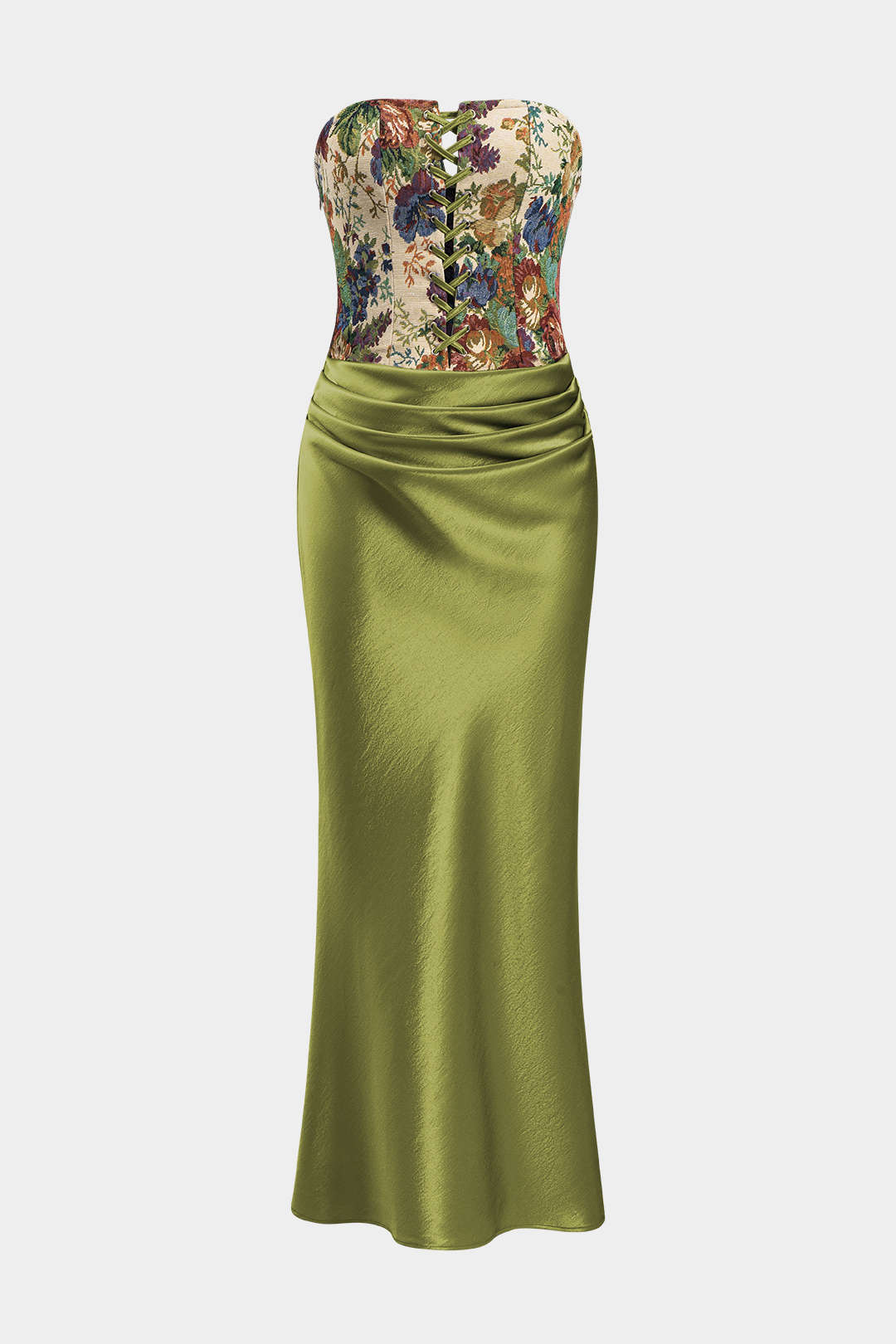 Satin Embroidery Ruched Drawstring Strapless Maxi Dress