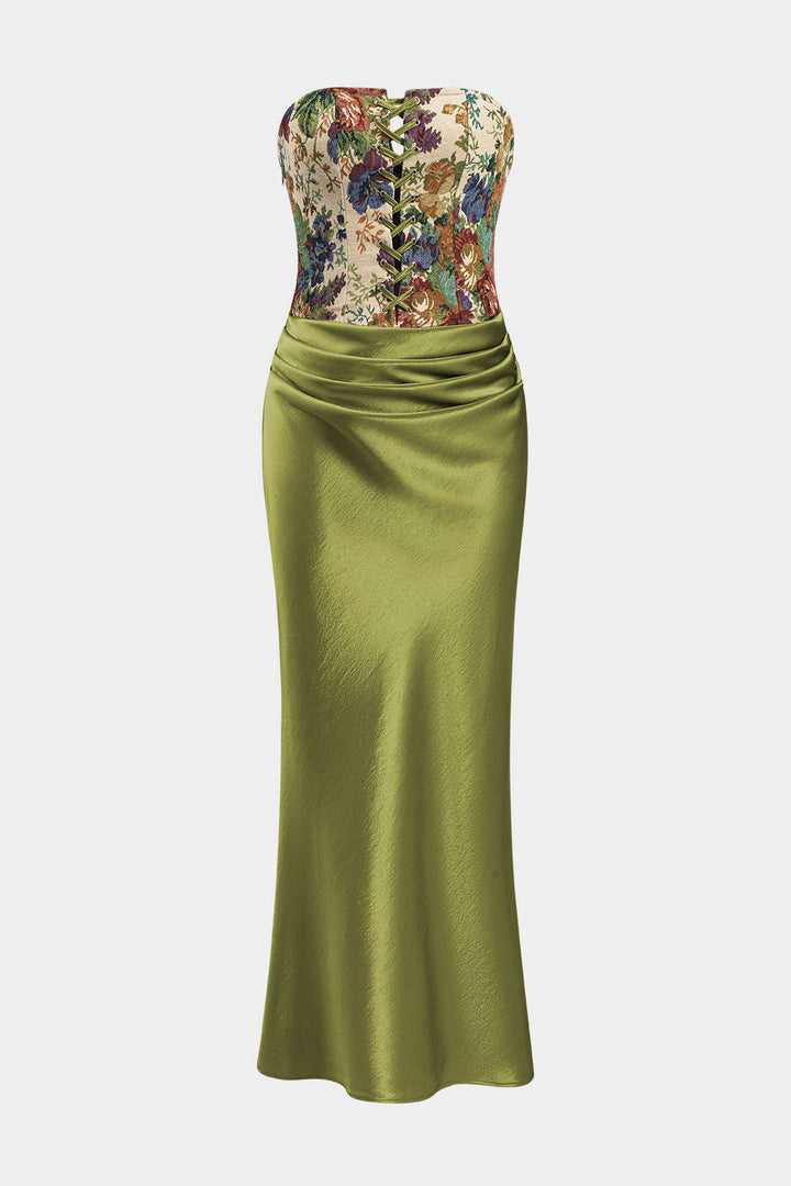 Satin Embroidery Ruched Drawstring Strapless Maxi Dress