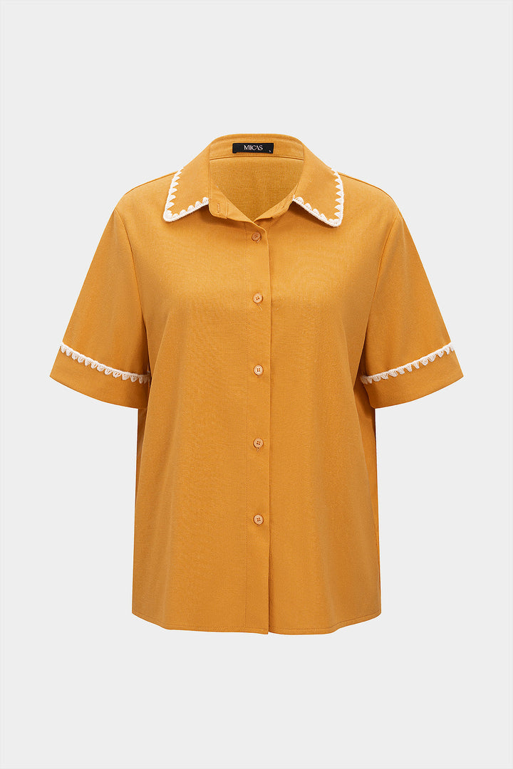 Linen Button Contrast Whipstitching Short-Sleeve Shirt
