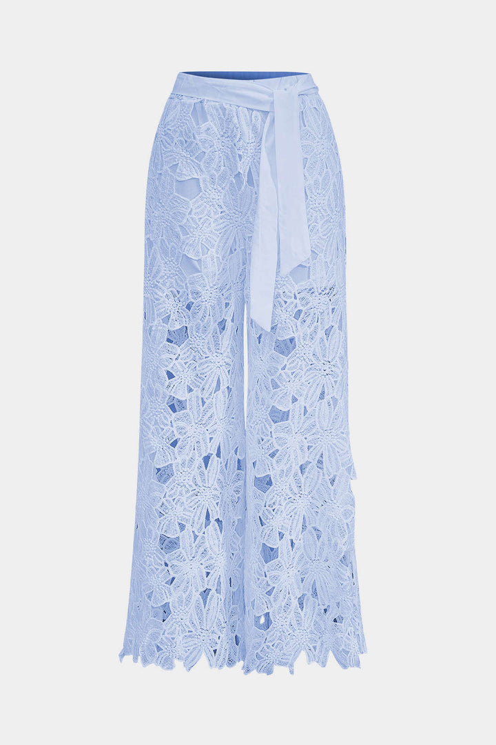 Hollow Out Lace Top And Tie Up Trousers Set