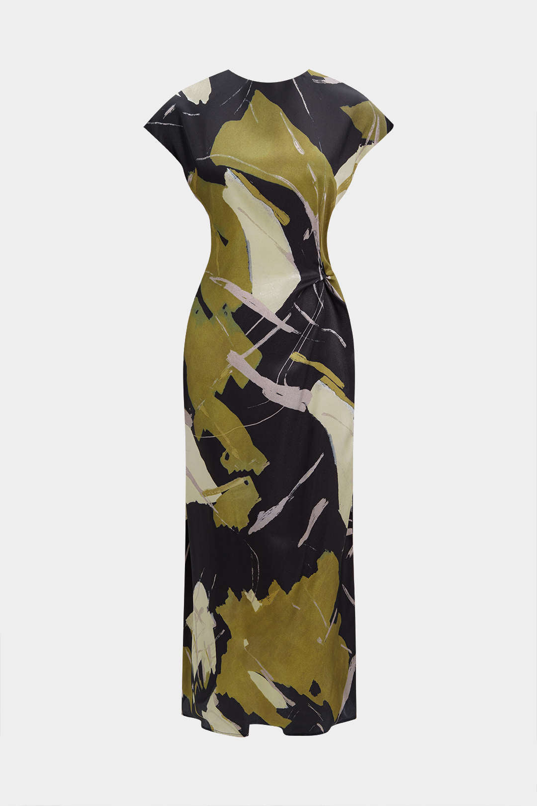 Tie Dye Ruched Cut Out Button Twist Knot Midi Dress