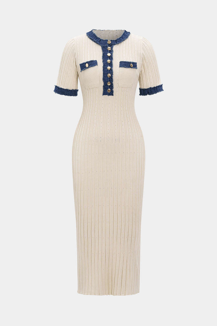 Denim Patchwork Metallic Button Short Sleeve Maxi Dress