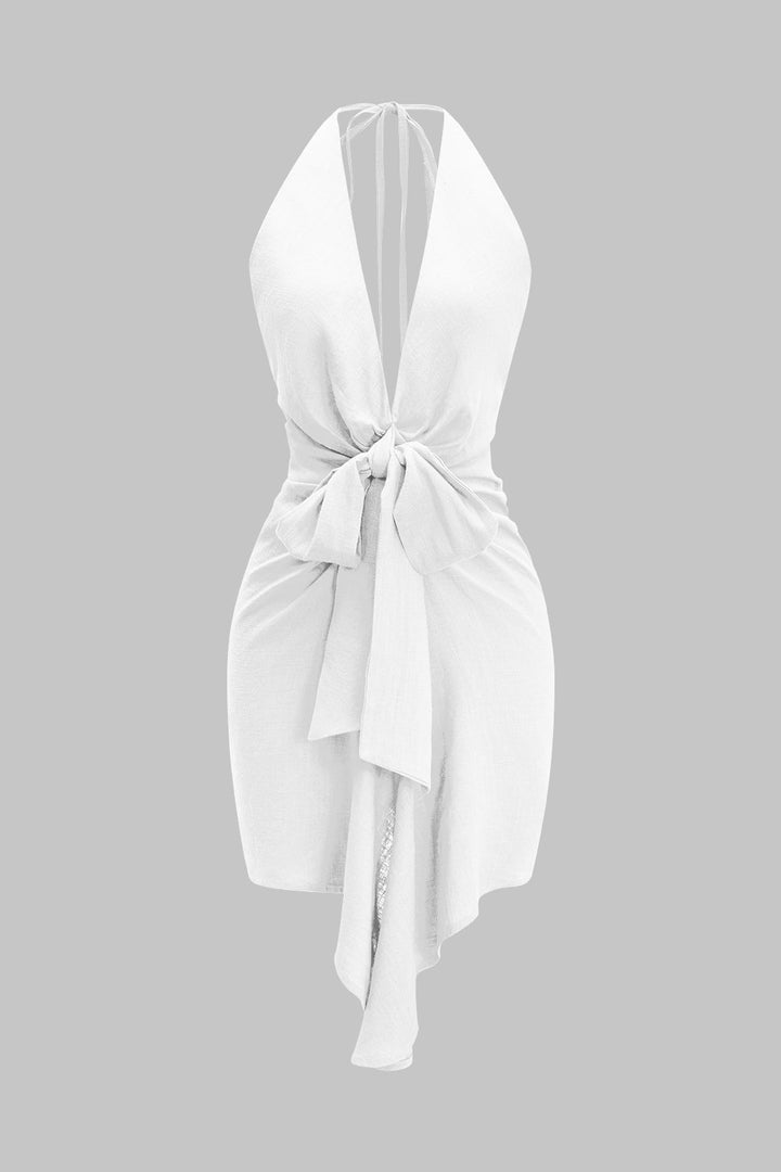 Linen Tie Front V-Neck Halter Neck Ruched Backless Sleeveless Mini Dress