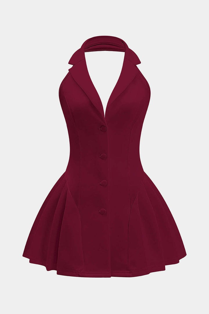 Halter Neck Button Ruffle Sleeveless Mini Dress