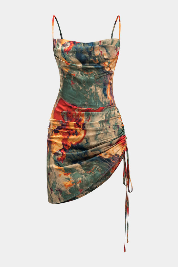 Watercolor Print Satin Ruched Drawstring Slip Mini Dress